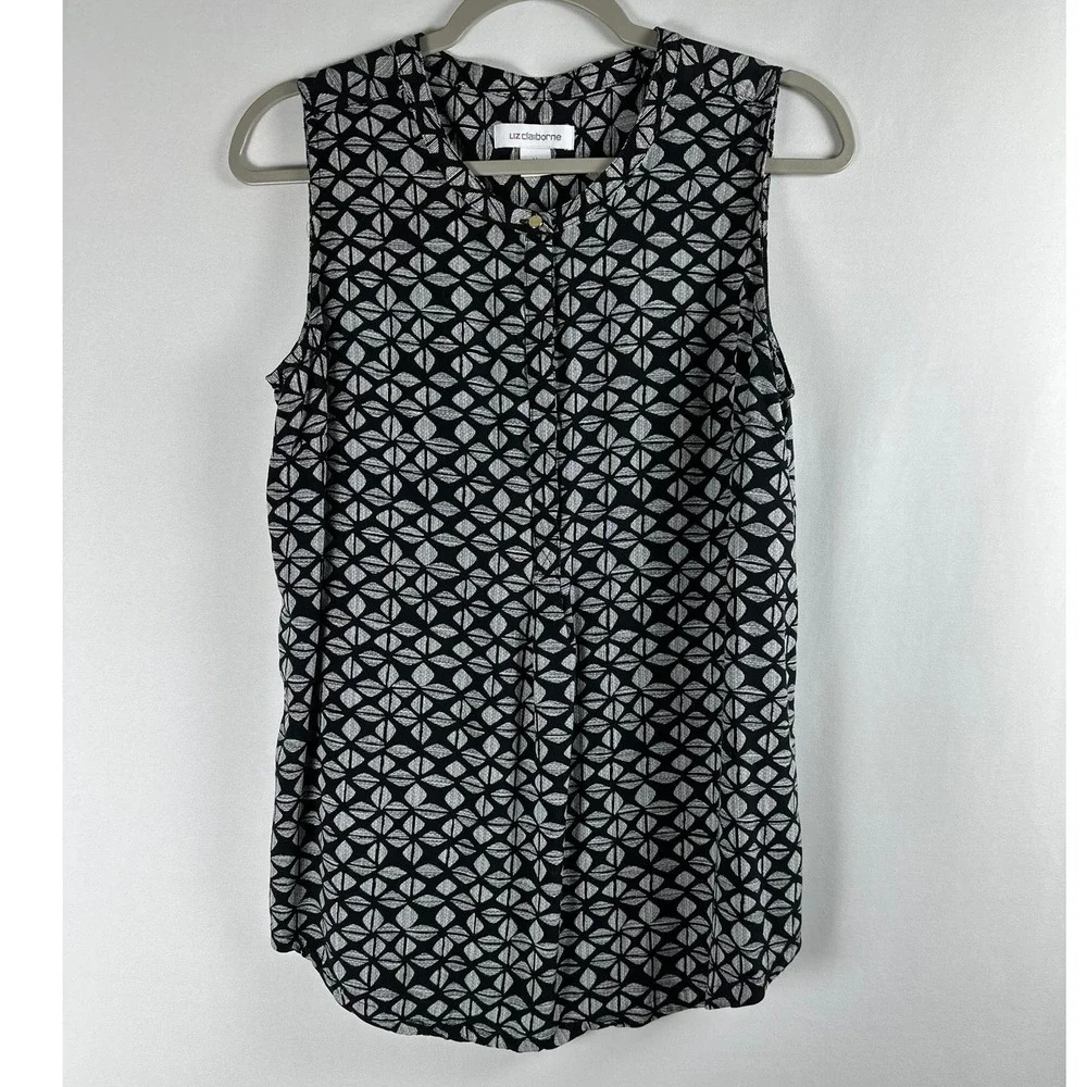 Liz Claiborne Sleeveless Blouse Womens M Black Geometric Business Casual Career‎